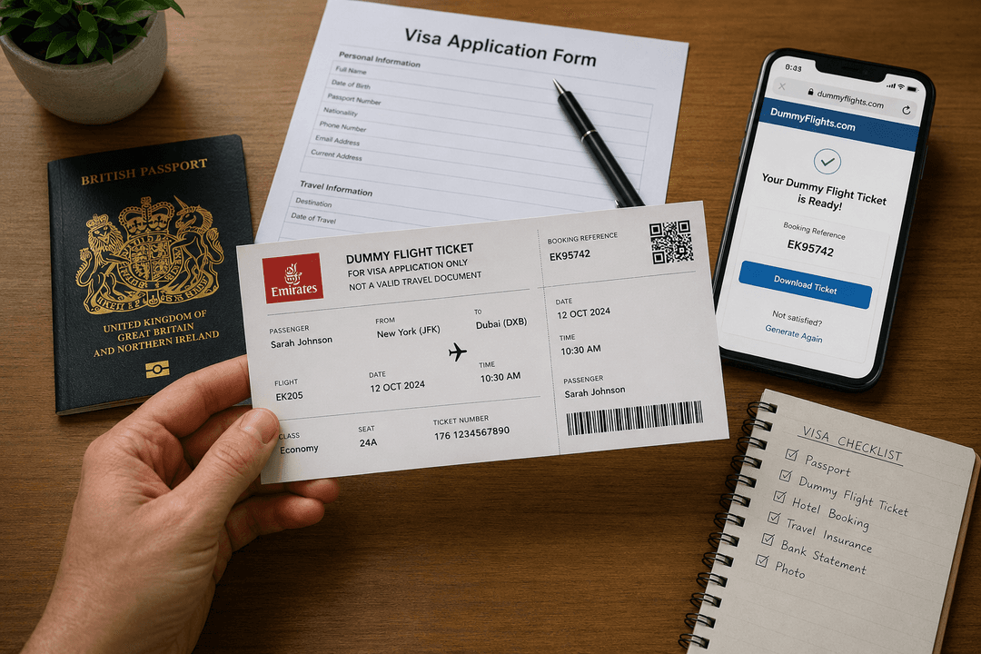 Sample dummy flight ticket booking preview